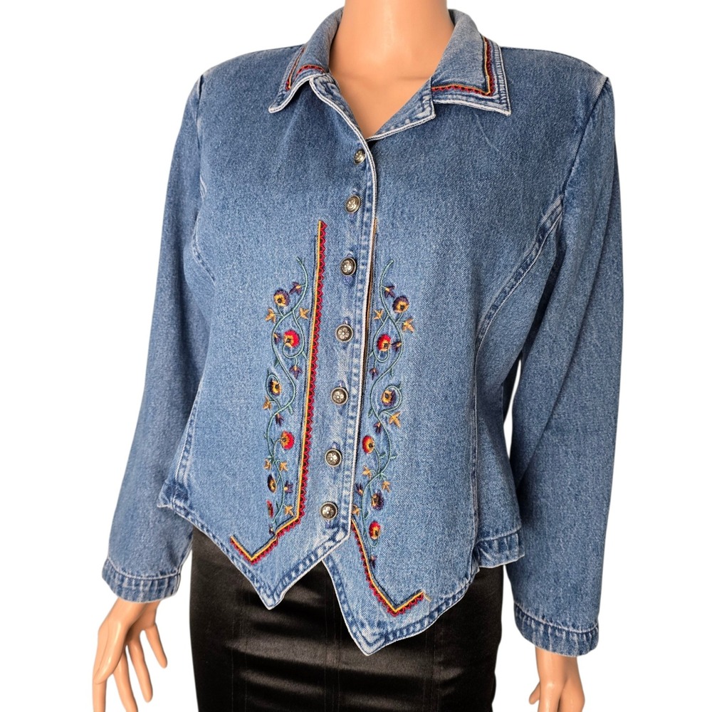 Stonebridge Petites Vintage Embroidered Denim Jacket Blue Floral Western 12P‎
